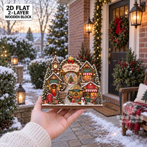 2-Layer Wooden Block, Christmas Market Village Tabletop Display for Holiday Hosts