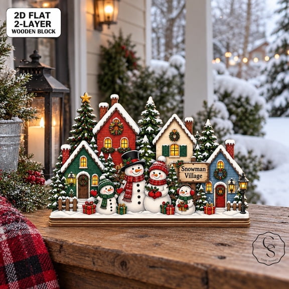 2-Layer Wooden Block Christmas Snowman Village Tabletop Display for Holiday Hosts