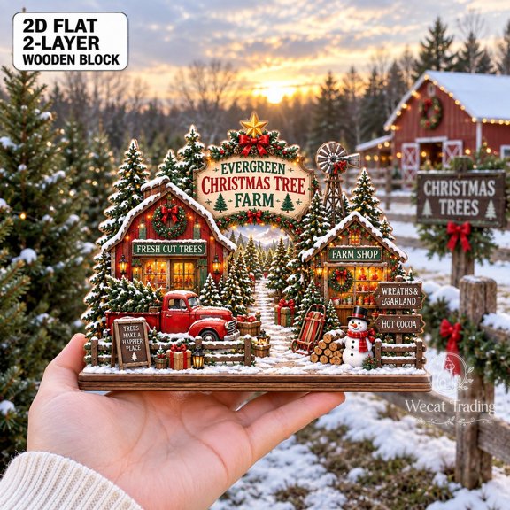 2-Layer Wooden Block Christmas Tree Farm Scene Tabletop Display for Holiday Hosts