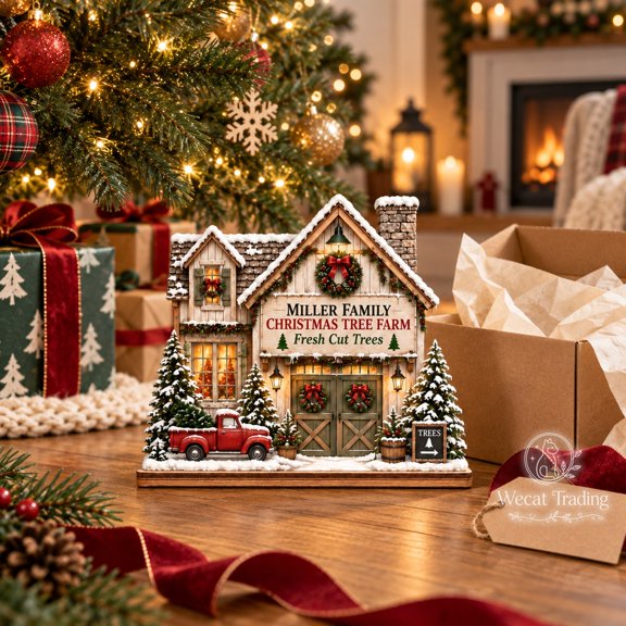 2-Layer Wooden Block Christmas Tree Farmhouse Scene for Tabletop Display, Holiday Host Gift