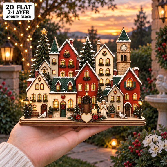2 Layer Wooden Block Christmas Village, Memorial Table Display for Remembrance Gift