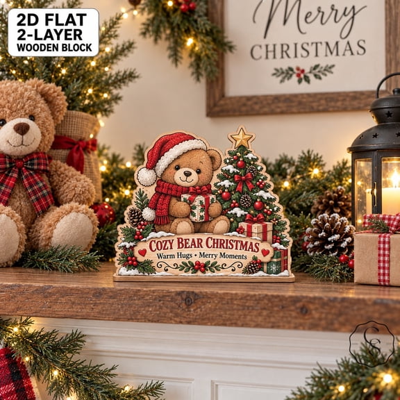 2-Layer Wooden Block Cozy Bear Christmas Shelf Decor for Holiday Hosts