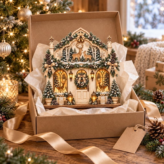 2-Layer Wooden Block Deer Christmas House Scene, Freestanding Tabletop Display, Holiday Gift