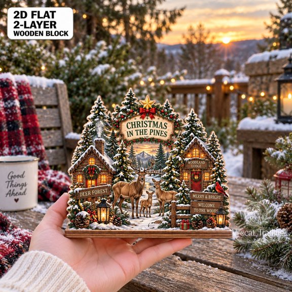 2-Layer Wooden Block Deer Forest Christmas Tabletop Display for Nature Lovers
