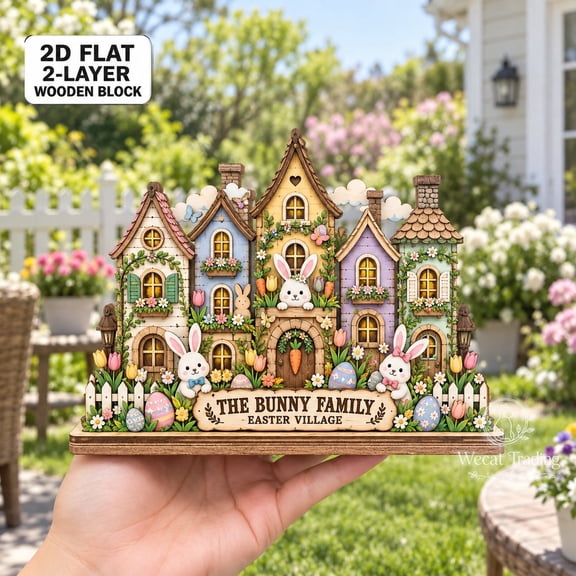 2-Layer Wooden Block Easter Bunny Village, Shelf Display for Spring Decor