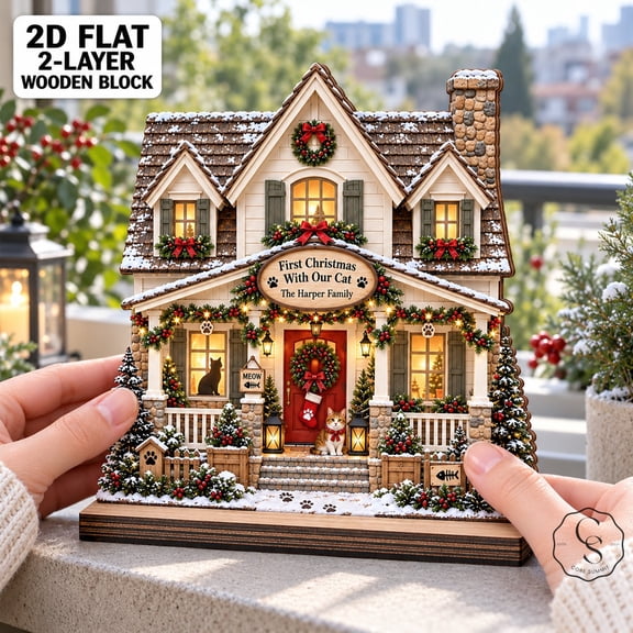 2-Layer Wooden Block, First Christmas with Our Cat House Scene, Tabletop Keepsake for Pet Owners