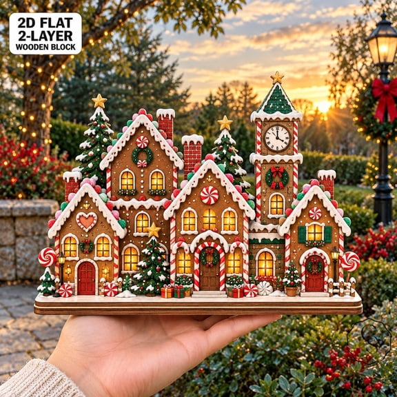2-Layer Wooden Block Gingerbread Christmas Village Shelf Display for Holiday Decorating