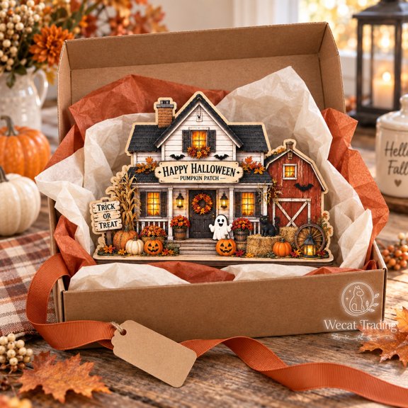 2-Layer Wooden Block Halloween Farmhouse Scene, Tabletop Display for Autumn Hosts