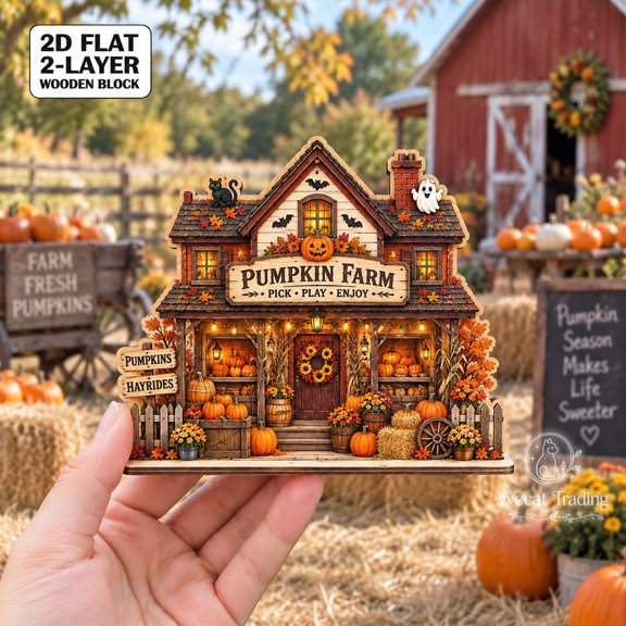 2-Layer Wooden Block Halloween Pumpkin Farm House Tabletop Display for Autumn Parties