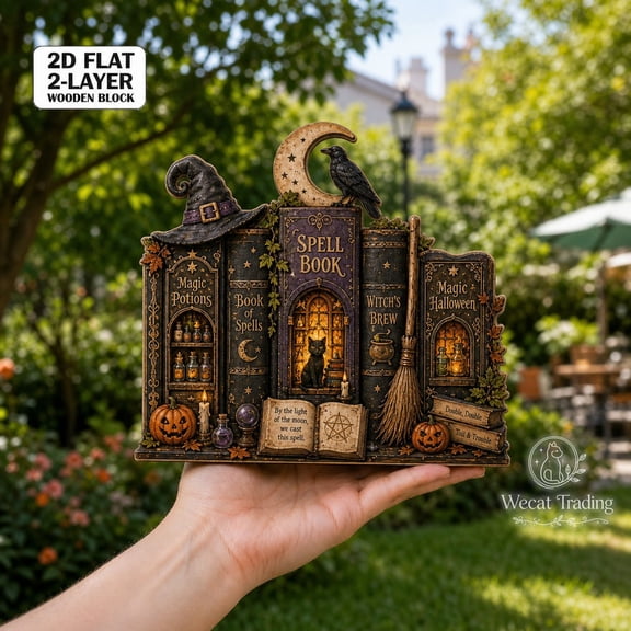 2 Layer Wooden Block Halloween Spell Book Wood Tabletop Display for Halloween Decor Lovers