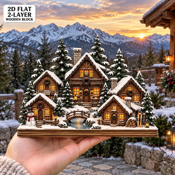 2 Layer Wooden Block Mountain Christmas Cabin Tabletop Display for Rustic Winter Gifts