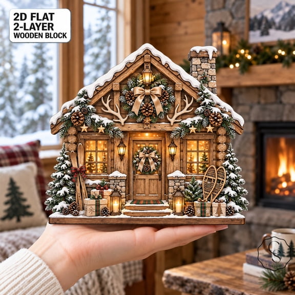 2-Layer Wooden Block, Mountain Lodge Christmas Cabin Tabletop Display, Holiday Gift