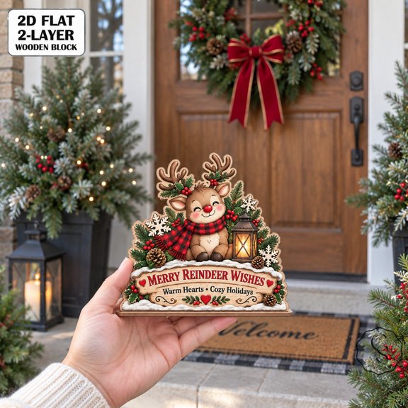 2 Layer Wooden Block Reindeer Christmas Freestanding Tabletop Display for Holiday Gifting