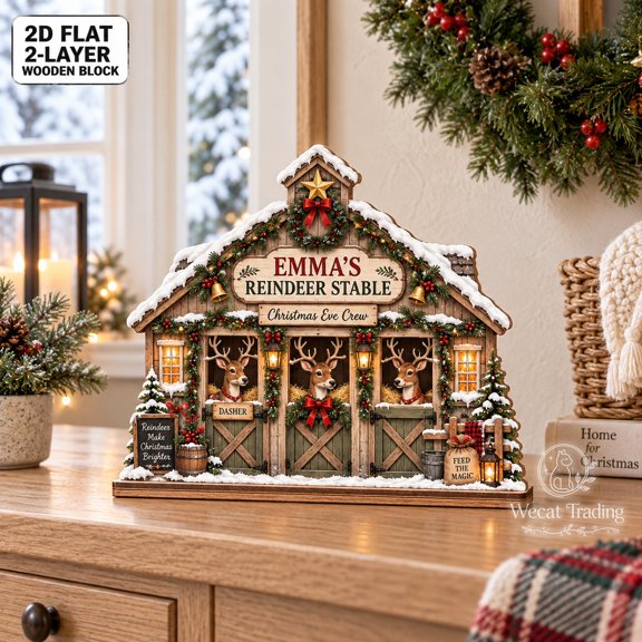 2-Layer Wooden Block Reindeer Stable Christmas Scene for Tabletop Display, Host Gift