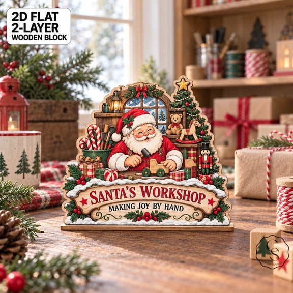 2-Layer Wooden Block Santa's Workshop Christmas Tabletop Display for Holiday Hosts