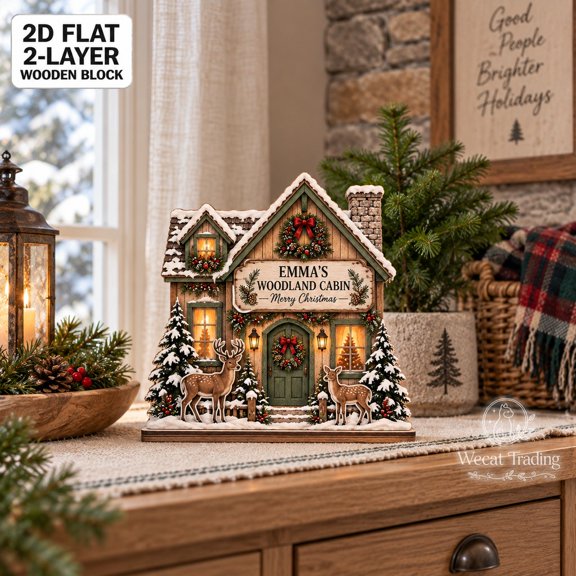 2-Layer Wooden Block, Woodland Deer Christmas Cabin Tabletop Display for Rustic Holiday Enthusiasts