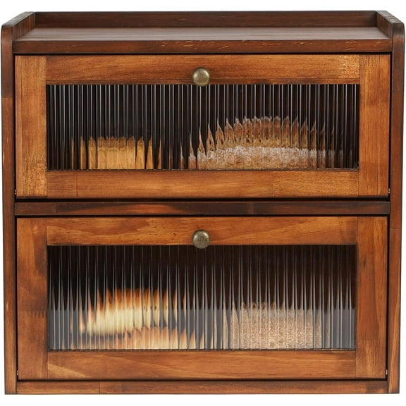 Bread Box for Kitchen Countertop Wooden Bread Storage Container Bin 2 Layer Breadbox Holder Large Capacity Keeper Vintage Farmhouse Food Organizer Pantry Shelf Acrylic Window (Brown)