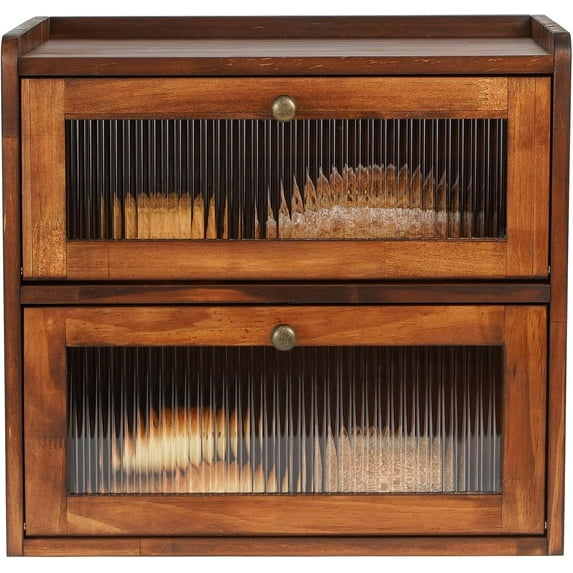 Bread Box for Kitchen Countertop Wooden Bread Storage Container Bin 2 Layer Breadbox Holder Large Capacity Keeper Vintage Farmhouse Food Organizer Pantry Shelf Acrylic Window (Brown)