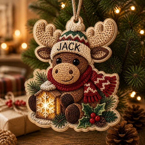 2-Layer Wooden Ornament Crochet Moose with Red Scarf Wooden Tree Hanging for Christmas