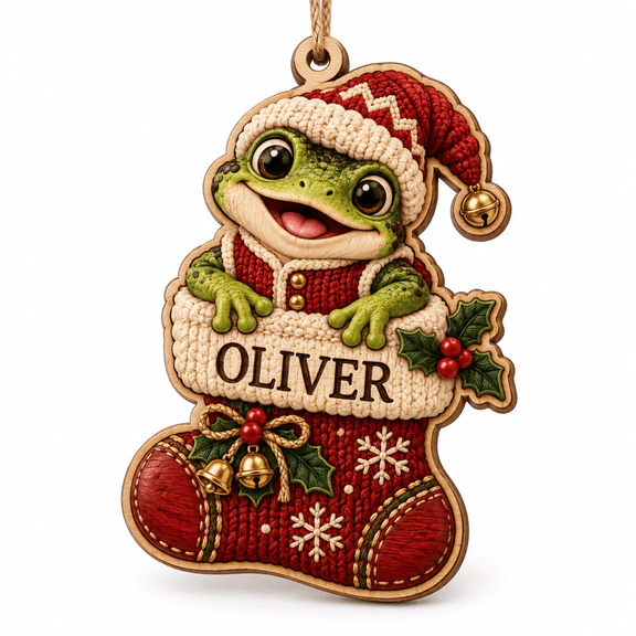 2-Layer Wooden Ornament, Frog in Christmas Boot Personalized Tree Hanging for Holiday Gift