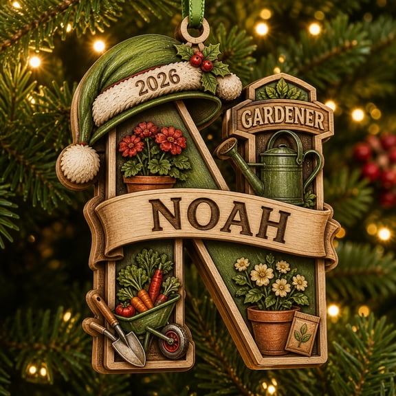 2-Layer Wooden Ornament Gardener Noah Initial N Christmas Tree Hanging Gift for Gardeners