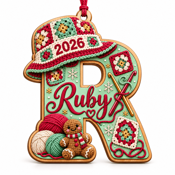 2-Layer Wooden Ornament, Letter R Ruby Crochet Christmas Keepsake for Tree, Yarn Lovers