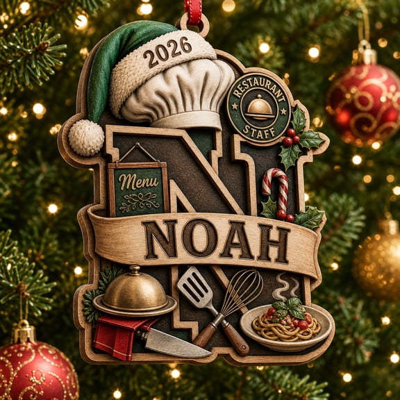 2-Layer Wooden Ornament Noah Restaurant Worker Initial N Wood Tree Hanging for Restaurant Staff