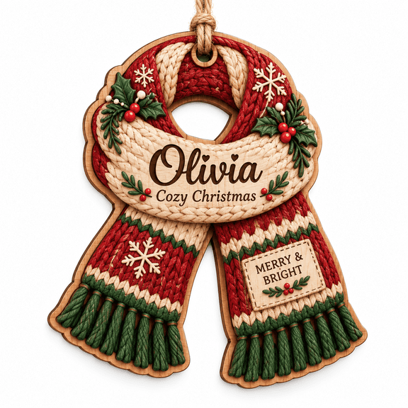 2-Layer Wooden Ornament, Personalized Christmas Scarf Holiday Tree Hanging Gift