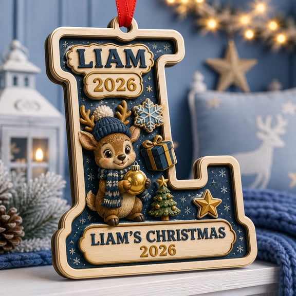 2-Layer Wooden Ornament Personalized Letter L Reindeer Wood Tree Hanging for Christmas Gift