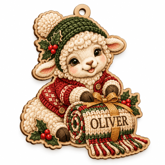 2-Layer Wooden Ornament, Personalized Sheep in Knitted Scarf, for Christmas Tree Gift