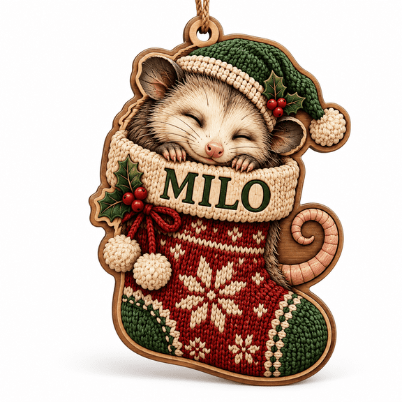 2-Layer Wooden Ornament, Sleeping Opossum Stocking with Custom Name for Christmas Tree