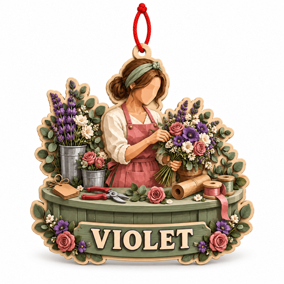 2-Layer Wooden Ornament Violet Florist Bouquet Hanging Keepsake for Floral Designers