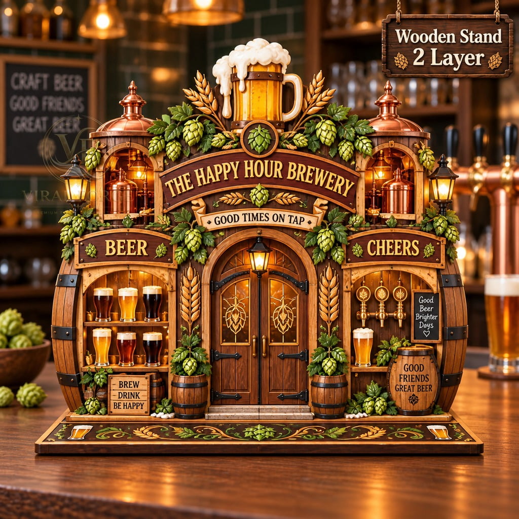 Bar Beer Rack 2-Layer Wooden Plaque, Happy Hour Brewery Theme, Bar Shelf Accent for ...