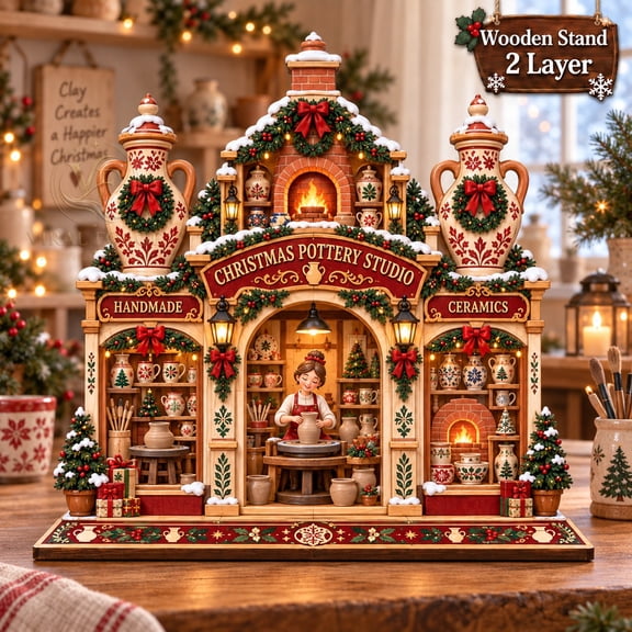2-Layer Wooden Plaque Stand, Christmas Pottery Studio Scene for Tabletop Display, Ceramic Artist Gift