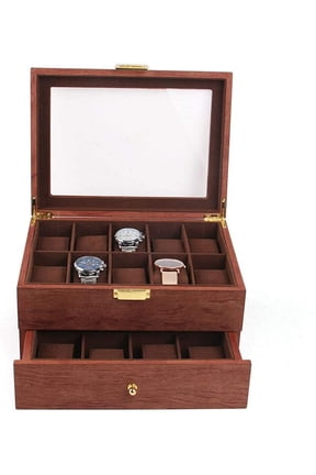 2-Layer Wooden Watch Display Box Jewelry Storage Case with Drawer Organizer for Collection Protection Transparent Sunroof Watch Cabinet for Men Women 20 Slot Rosewood