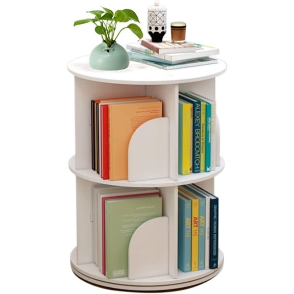 2 Layers 360 Rotating Bookshelf, Round Bookcase Nordic Style Revolving Bookcase Freestanding Storage Shelf Stackable Shelves Bookshelf Organizer Round Bookcases for Living Room, Bedroom