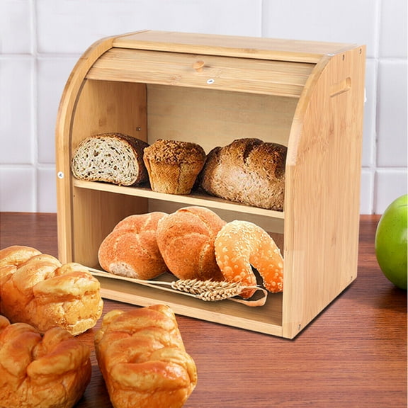 2 Layers Bamboo Bread Box Bread Keeper Wood W/ Lid Kitchen Storage Containers For Kitchens, Bakeries