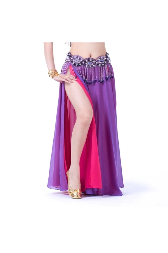 2 Layers Dancewear Double Colors Women Belly Dance Clothing Side Split Full Circle Long Skirt Chiffon Bellydance Skirt