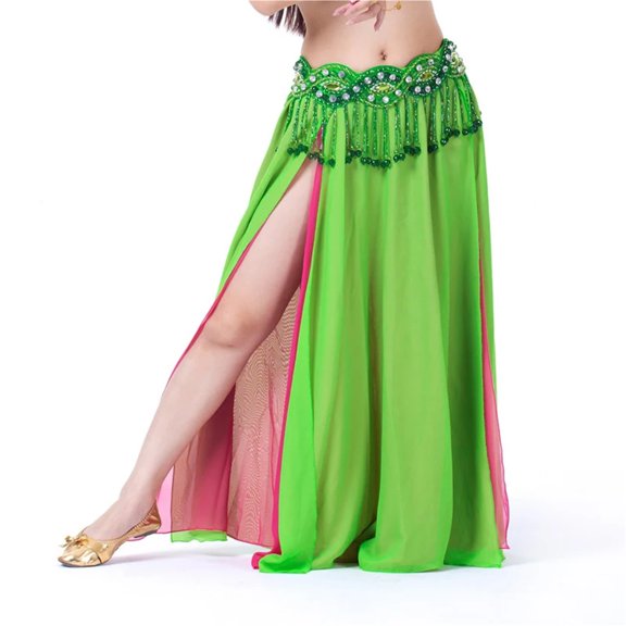 2 Layers Dancewear Double Colors Women Belly Dance Clothing Side Split Full Circle Long Skirt Chiffon Bellydance Skirt