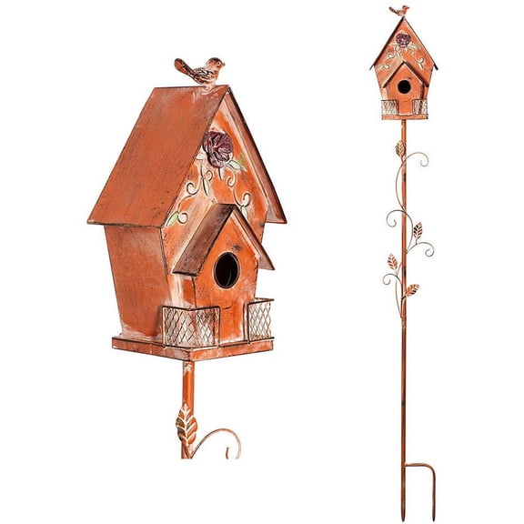 2 Layers Distressed Dutch Cottage Metal Bird House Stakes for Outside with Pole - 58 inches