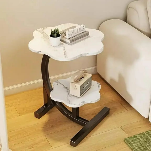 2 Layers Flower Shape Marble Texture Small C-Shaped Side Table,Snack Side Table, End Table for Sofa Side Table,Bedside Table for Living Room Kitchen Garden Bedroom