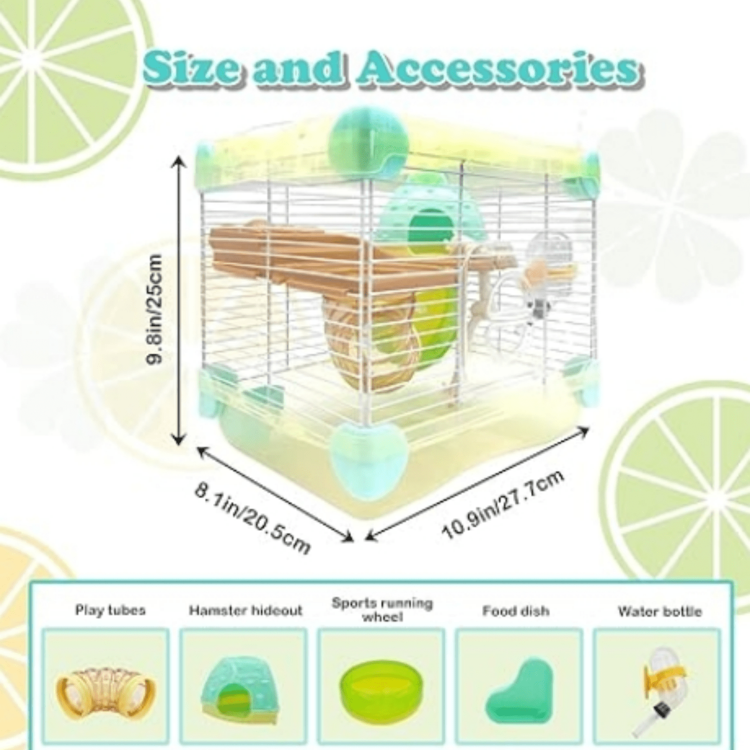 2 Layers Hamster Cage with Tubes Mouse Cage with Accessories Water Bottle Food Dish Transparent Hamster Habitat with Exercise Wheel for Hamster Guinea Pig Gerbil (10.9" x 8.1" x 9.8" Yellow)