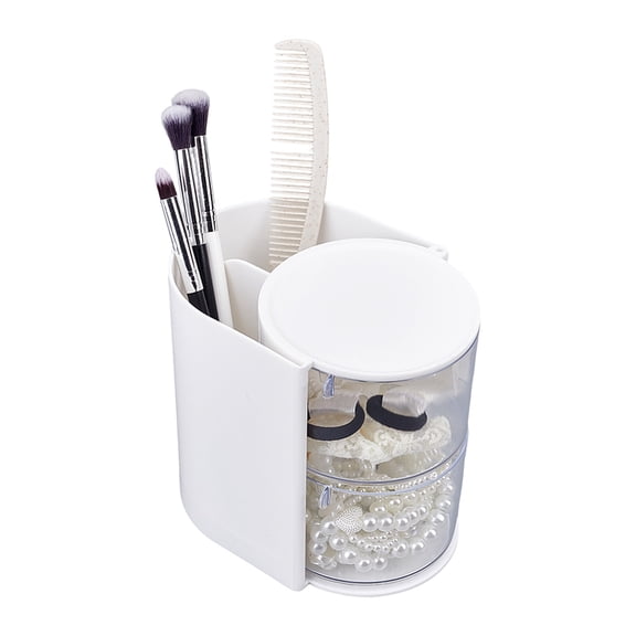 2-Layers Plastic Powder Puff Storage Box Rotating Cosmetic Storage Organizer Column White 10x13.3x12.4cm