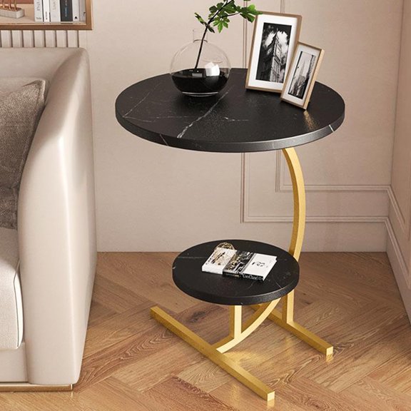 2 Layers Round Marble Texture Small C-Shaped Side Table,Snack Side Table, End Table for Sofa Side Table,Bedside Table for Living Room Kitchen Garden Bedroom
