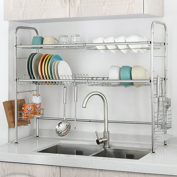 2 Layers Stainless Steel Dish Rack Drainer Height Adjustable With Chopsticks Rack Double Sink