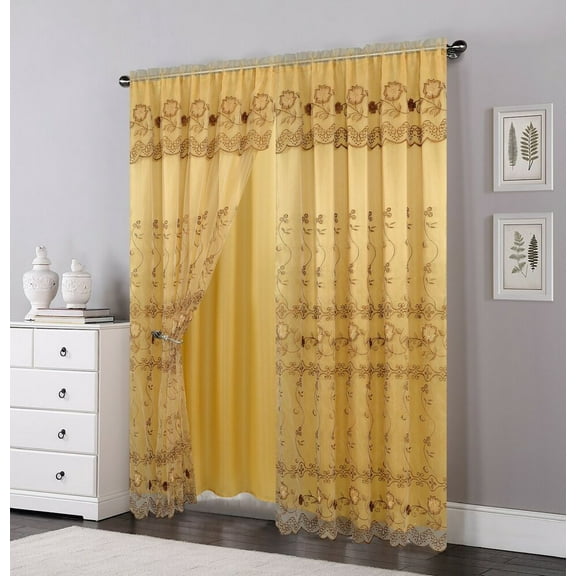 2 Layers Voile Sheer Embroidered Rod Pocket Window Curtain Panel and Valance with Jacquard Woven Fabric