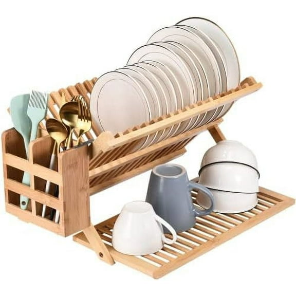 2 Lb Depot Bamboo Dish Drying Rack - Collapsible Wooden Drainer for Kitchen Counter
