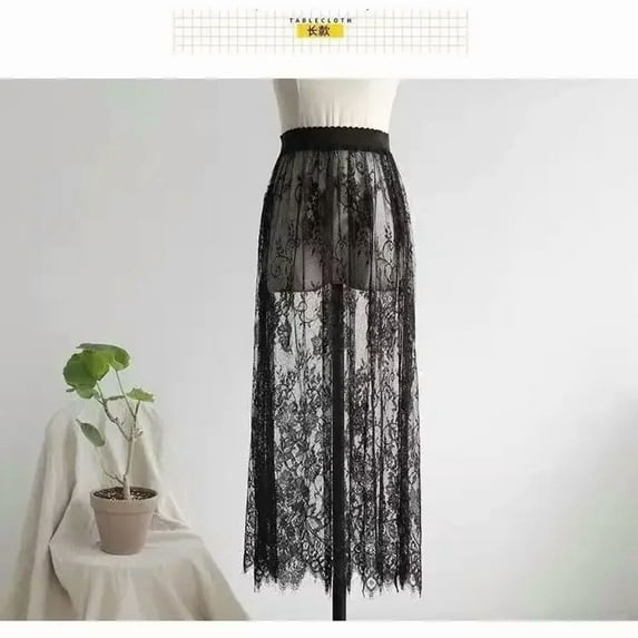 2 Length Elegant Black Skirt White Lace Transparent Long Tulle Skirt Ladies Elastic High Waist Beach Midi Skirt Drop