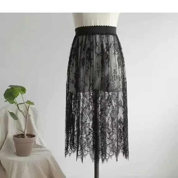2 Length Elegant Black Skirt White Lace Transparent Long Tulle Skirt Ladies Elastic High Waist Beach Midi Skirt Drop