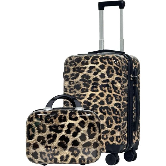 2- Leopard Print Luggage Set (20" Carry- + 14" Bag), ABS+PC Hard Shell, 360? Spinner Wheels, Combination Lock, Glossy Anti-Scratch Surface